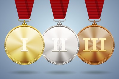 Gold, Silver and Bronze Medals with Red Ribbons